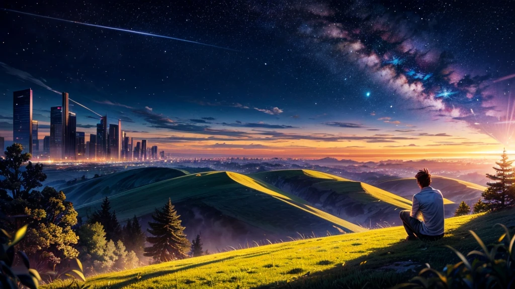 Man sitting alone, resting under a tree in a high-altitude field, looking at the view of the futuristic city at night.