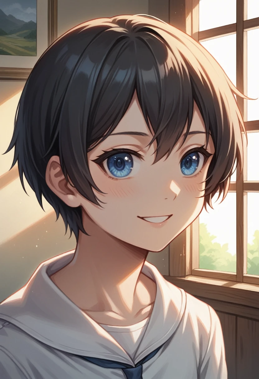 1girl, solo, gentle smile on her face flat chest, short hair, blue eyes, (detailed eyes), black hair, upper body, ((masterpiece, illustration, best quality)) ((best quality)), ((masterpiece)), (detailed), morning,A woman on her way to school by bicycle,,In front of the station