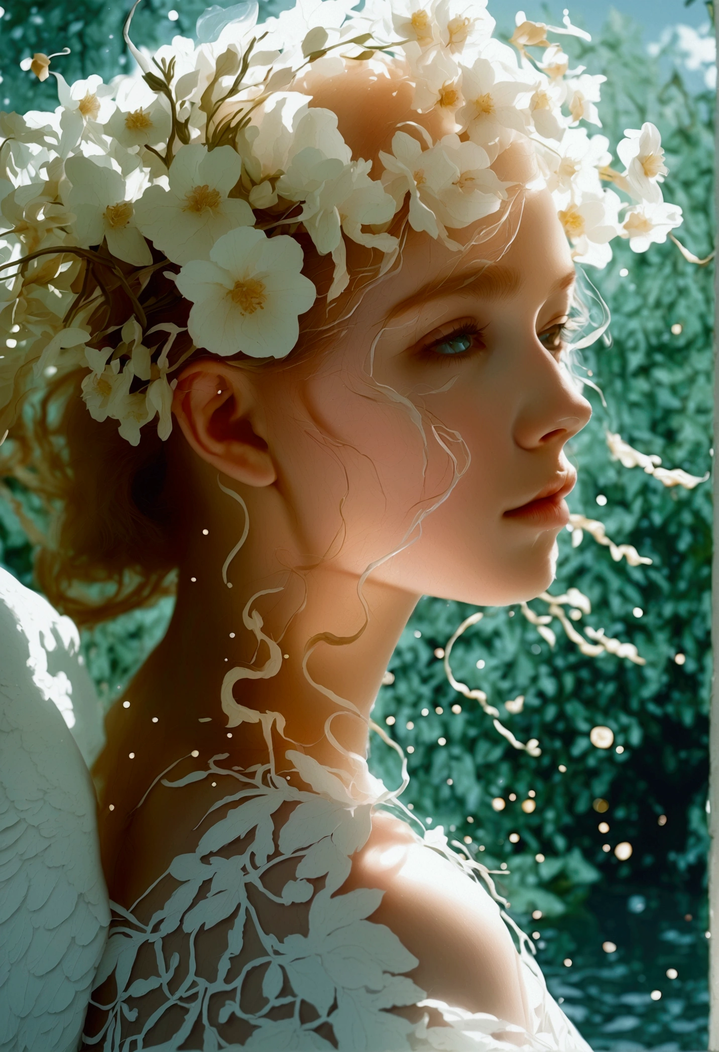 white angel, floral surrealism, soft focus lens, luminous pointillism, soft makeup, hyper-realistic water, light leak, Pentax K1000, high quality, hyper-realism, surreal, angelic, floral, soft focus, pointillism, luminous, Pentax K1000, hyper-realistic water, light leak
