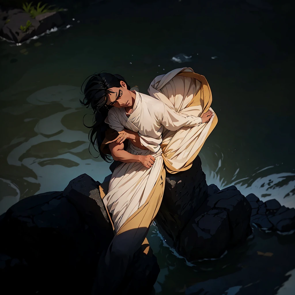 Create a high-quality anime-style image featuring a man standing on a rocky cliff by the sea. The man has black hair, He is dressed in a white shirt, beige pants rolled up at the ankles, and white sneakers. His posture is relaxed, with his hands in his pockets, gazing thoughtfully into the distance.