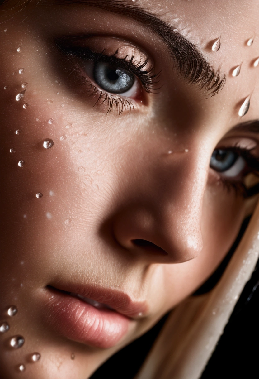 An extreme close-up shot of water droplets falling on a woman's face, realistic detail, sharp focus, shiny eyes, shot with an 85mm Leica lens, f4.6, ultra realistic concept photography, award winning portrait inspired by Ákos Major.