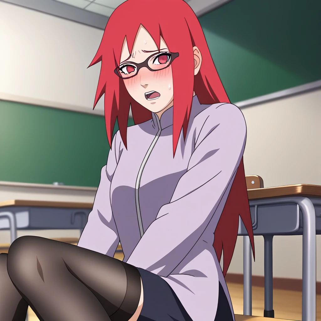 Red hair, 1 Girl, Glasses, Long hair, Red Eyes, Solitary, Long gown, Black over-the-knee stockings, Black shorts, Umbilical cord, Looking at the audience,No students, Japanese cartoons screencap, Japanese cartoons coloring,src_Japanese cartoons,Naruto \(series\), Naruto shippuuden,((blush,nervous,Vision,classroom,sit on the chair,))masterpiece, absurd , (Intricate details), (Colorful), light, Extremely detailed CG unity 8k wallpaper ,1 Girl, solo,(shy,classroom,night,blush,nervous,Sweating,蕾丝dress, ),sweat,blush,blush1.5,Blush,Medium chest,((dress,Black stockings,)),(dress,Lying in bed,Uncomfortable expression,Mouth open,spit)