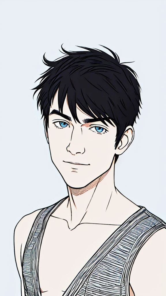 ((1_male)), boy, smile, front face, portrait, centered, solo, strong neck, short hair, black hair, visible shoulders, clean line