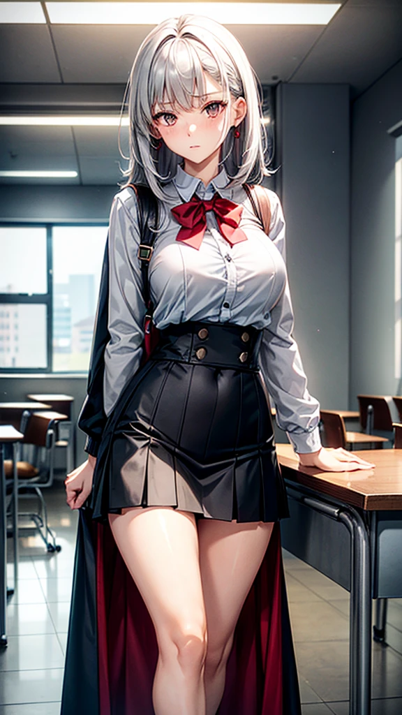 Female height: 175cm,weight: 46kg,hip circumference: cm,waist circumference: 61cm,bust: 91cm,face hair color: gray,eyes color: fiery red,Clothing: white JK short skirt uniform, scene: classroom.Hair color: grayish white.