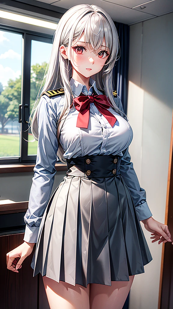 Female height: 175cm,weight: 46kg,hip circumference: cm,waist circumference: 61cm,bust: 91cm,face hair color: gray,eyes color: fiery red,Clothing: white JK short skirt uniform, scene: classroom.Hair color: grayish white.