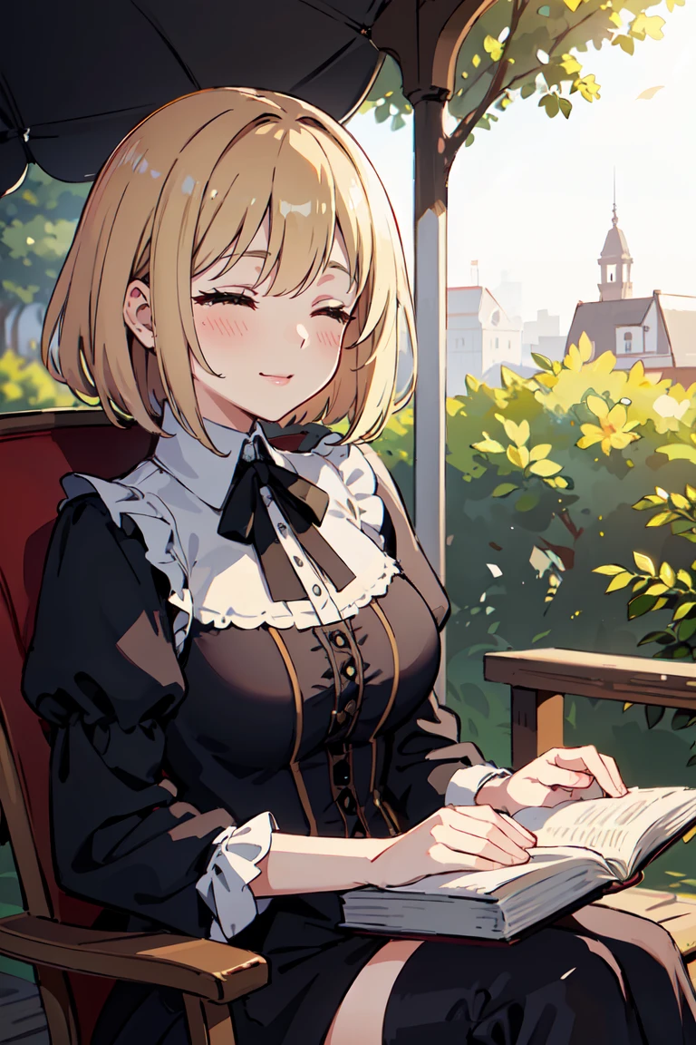 masterpiece, best quality, highly detailed background, perfect lighting, best quality, (extremely detailed face), volumetric lighting, intricate details, shadow, tonemapping, sharp focus, hyper detailed, trending on Artstation, (solo) ((Looking at the book)) .Girl with short blond hair. Brown eyes. curvy. Blush, Clear skin. Big bust.((Gothic dressed)). ((Sitting in the park reading)) ((Ojos cerrados)) ((Closed eyes)) smile