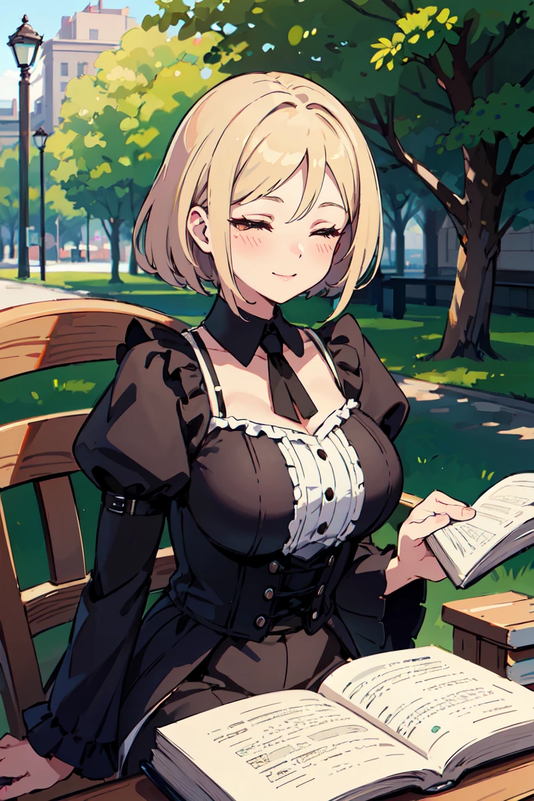masterpiece, best quality, highly detailed background, perfect lighting, best quality, (extremely detailed face), volumetric lighting, intricate details, shadow, tonemapping, sharp focus, hyper detailed, trending on Artstation, (solo) ((Looking at the book)) .Girl with short blond hair. Brown eyes. curvy. Blush, Clear skin. Big bust.((Gothic dressed)). ((Sitting in the park reading)) ((Ojos cerrados)) ((Closed eyes)) smile