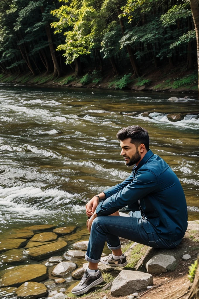 A man sitting near a river