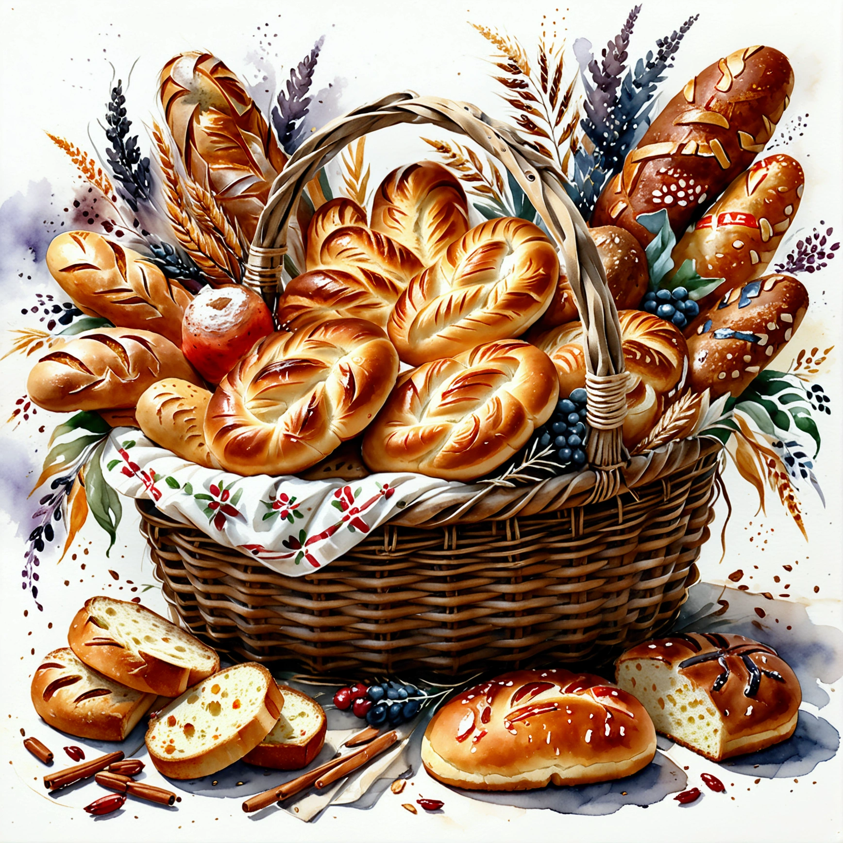 a wooden rattan basket full of bakery, plenty types of bread, cake, illustration, baking ingredients, isolated with solid white background, surrounded with negative space, centered composition, 8k, highest detailed painting, very precise painting, Isolated, clear solid white background, perspective angle of view, cartoon style, ((watercolor:1)), clip art, (lora:add-detail-xl:1), (masterpiece), (best quality), no bread on the floor,