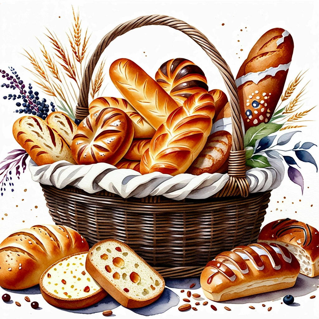 a wooden rattan basket full of bakery, plenty types of bread, cake, illustration, baking ingredients, isolated with solid white background, surrounded with negative space, centered composition, 8k, highest detailed painting, very precise painting, Isolated, clear solid white background, perspective angle of view, cartoon style, ((watercolor:1)), clip art, (lora:add-detail-xl:1), (masterpiece), (best quality), no bread on the floor,