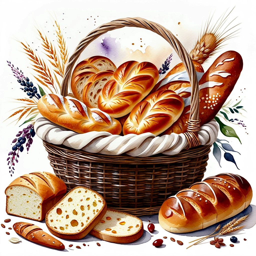 a wooden rattan basket full of bakery, plenty types of bread, cake, illustration, baking ingredients, isolated with solid white background, surrounded with negative space, centered composition, 8k, highest detailed painting, very precise painting, Isolated, clear solid white background, perspective angle of view, cartoon style, ((watercolor:1)), clip art, (lora:add-detail-xl:1), (masterpiece), (best quality), no bread on the floor,