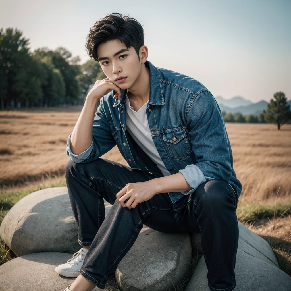 arafed asian man sitting on a rock in a field, casual photography, high quality portrait, casual pose, male ulzzang, mid shot portrait, as if man's shower gel hair advertisement, active, sitting on a rock, photoshoot, cinematic outfit photo, portrait shot, character photography, beautiful androgynous prince, south korean male, realistic photography, sitting on the ground