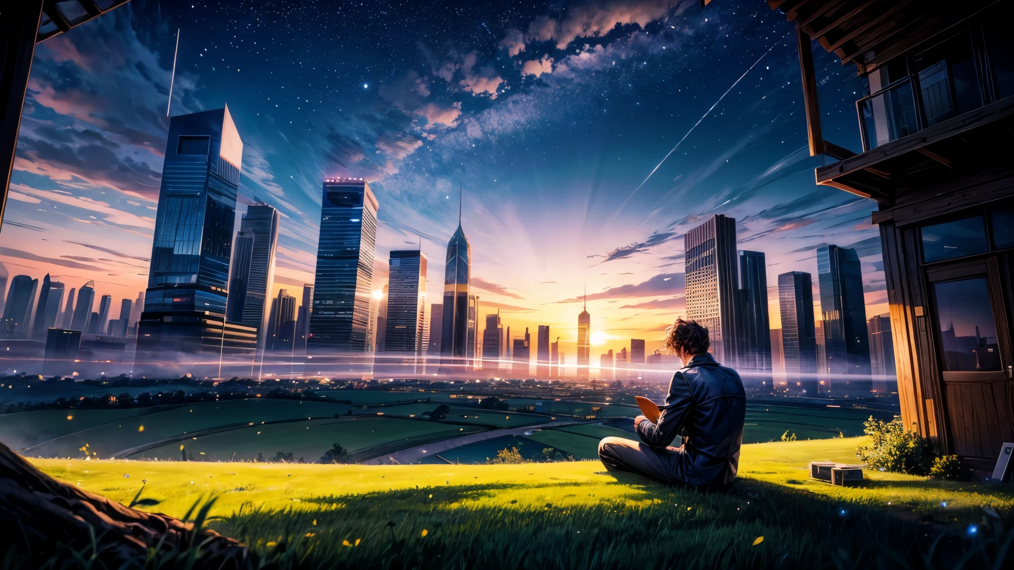 Man sitting alone, resting under a tree in a high-altitude field, looking at the view of the futuristic city at night.