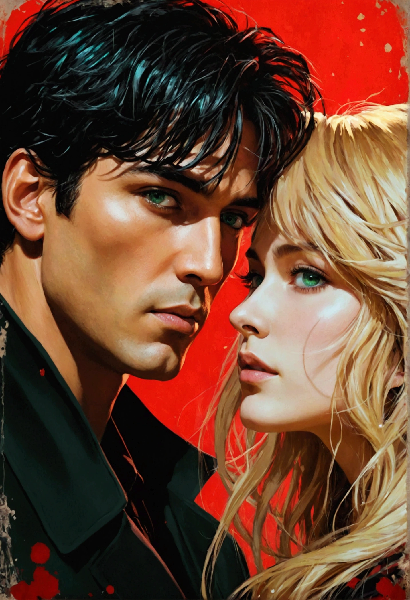 book cover , black and red background , grimdark , mafia , crime agency ,half face of man with black hair and brown eyes , and half of a woman's face with honey-colored hair and aqua green eyes