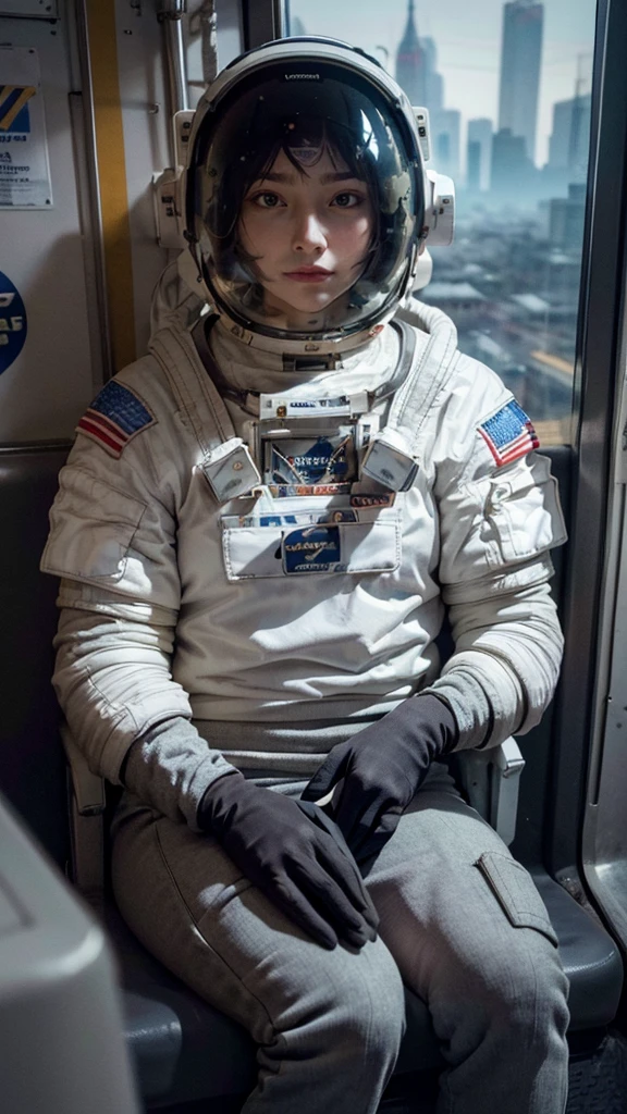 On a subway, A Hyperrealistic, Ultra-detailed, Anatomically Perfect Image of ((woman astronaut, with closed helmet.)) The astronaut helmet covers his face. She's sitting in the Subway bored to get to the spaceship. . ((Cyberpunk city at the background)), raytraced, half body, (raw photo, best quality), (realistic, photo-realistic:1.3), Masterpiece, ((An extremely detailed astronaut helmet)), Best quality score, middle body, close up, high view.