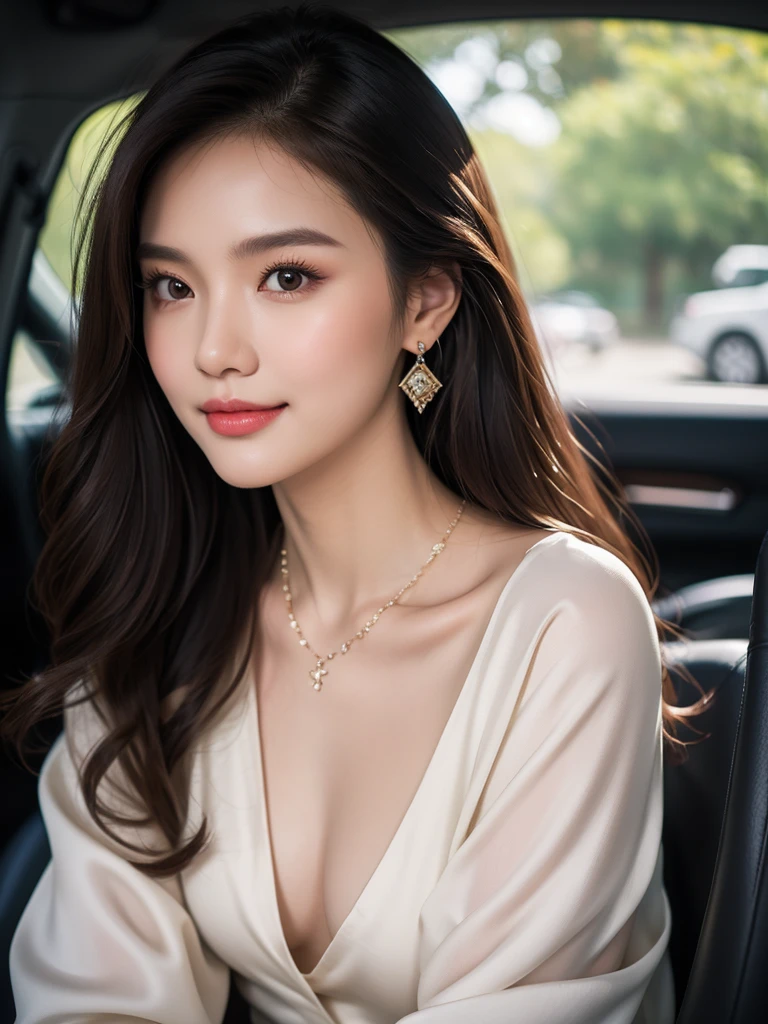 Masterpiece, best quality, 8K, photorealistic, anatomically correct, depth of field, Young Thai woman, 21 years old, Sitting alone in the car, My hair is long and wavy., light brown hair, Cunning eyes, Long-eyed legs, plump lips, cheekbone, upturned nose, Protruding chin, tan skin, small hoop earrings, necklace, bangle, The figure is very thin., Dark eyebrows, Blush red cheeks, Eyes on the camera, smile a little, Long sleeve silk clothes, small breasts, Jeans 