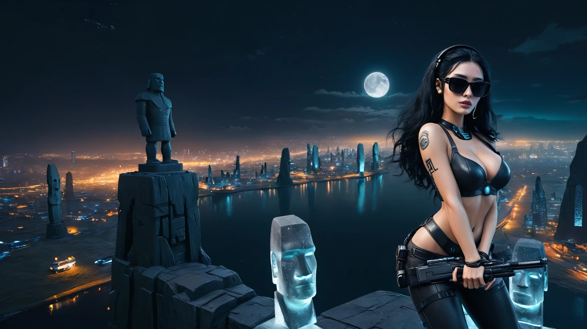 At night, dark sky, distant shot aerial view of fantasy cyberpunk style ice ((Moai-statue)) city, ((flying car)). ((1girl, solo, alone)), medium-:1.1 slim body, cleava clothes, adphone, black sunglasses, long black realistic hair), (((hip-up standing and holding pistol))), half-body thigh level medium shot, cinematic lighting.