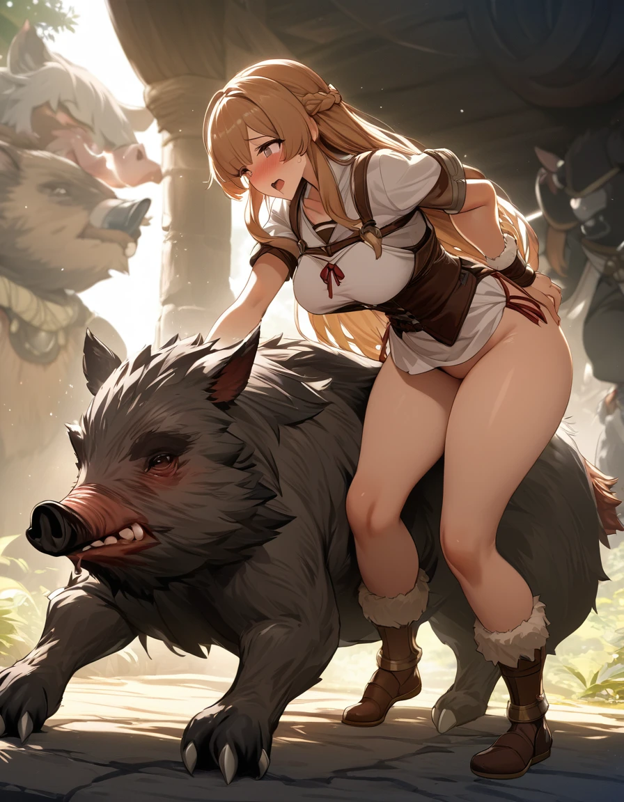 Bestiality, interspecies mating, rape, Raphtalia (The rising of the shield hero), boar, hight quality, best quality, curvy body, masterpiece, intricate details, high resolution, extremely detailed face, perfect lighting,(perfect hands, perfect anatomy), Detailed background, doggystyle, 