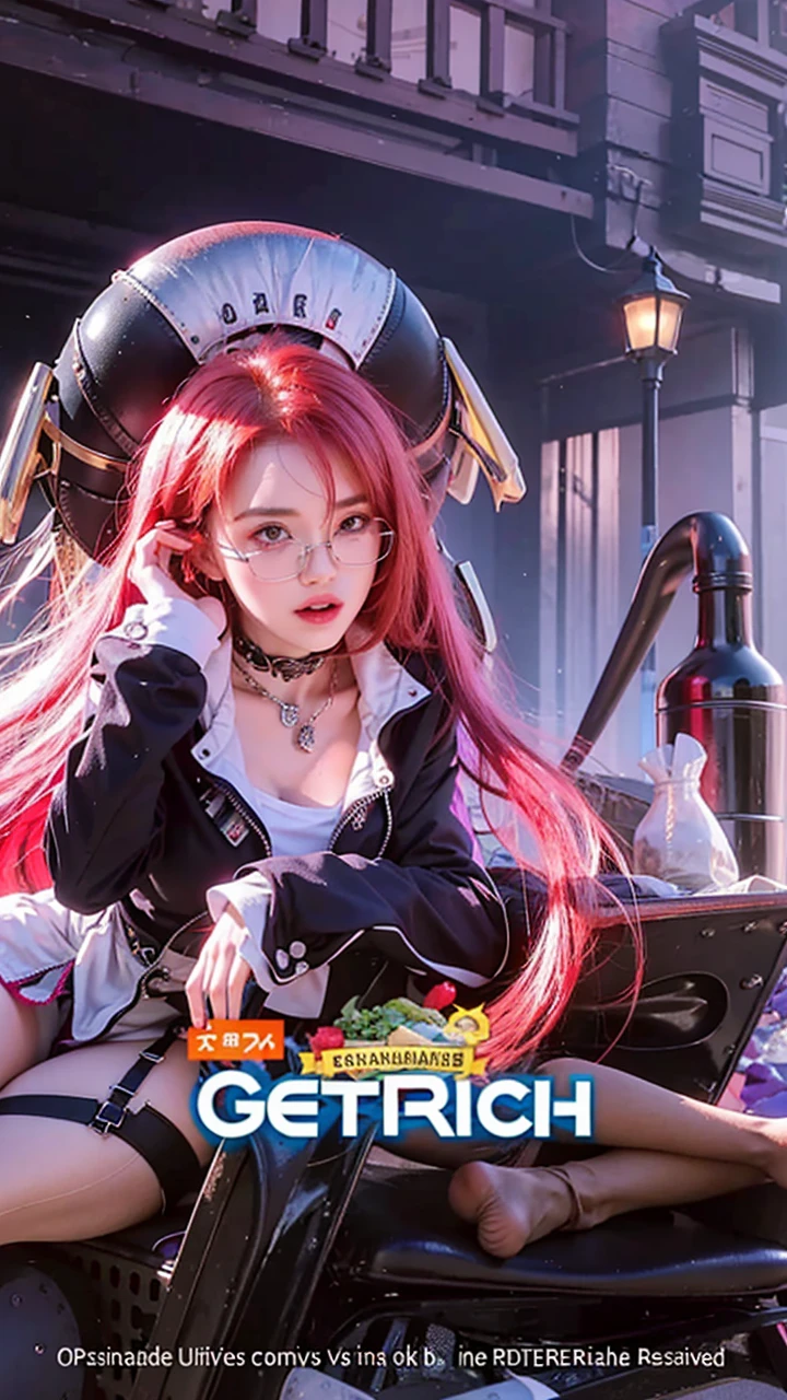 1girl, long red hair, purple eyes, absurdres, high res, ultrasharp, 8K, masterpiece, looking at viewer, hyper realistic, very realistic, wearing sun glasses transfaran. 