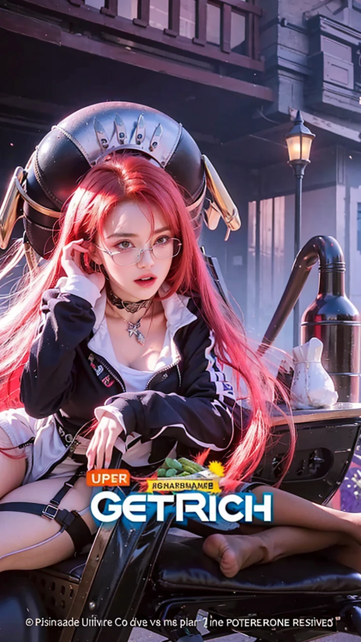 1girl, long red hair, purple eyes, absurdres, high res, ultrasharp, 8K, masterpiece, looking at viewer, hyper realistic, very realistic, wearing sun glasses transfaran.