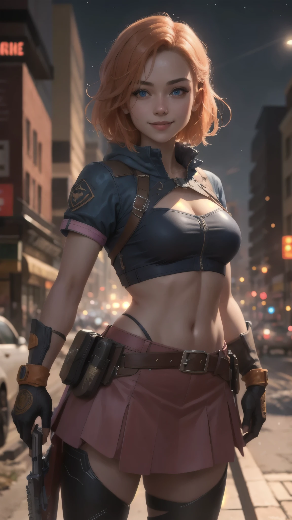 1 girl,cowboy shot, beautiful, looking at the viewer, smile, short hair, blue eyes, heart cutout, gloves, jacket, pink skirt, pink belt, short sleeve, puff sleeves, single armband, fingerless gloves, orange hair, pink gloves, dynamic pose, night, outdoors, city, (volumetric lighting), best quality, artwork, intricate details, tone mapping, sharp focus,  hyper detailed, trending on ArtStation,