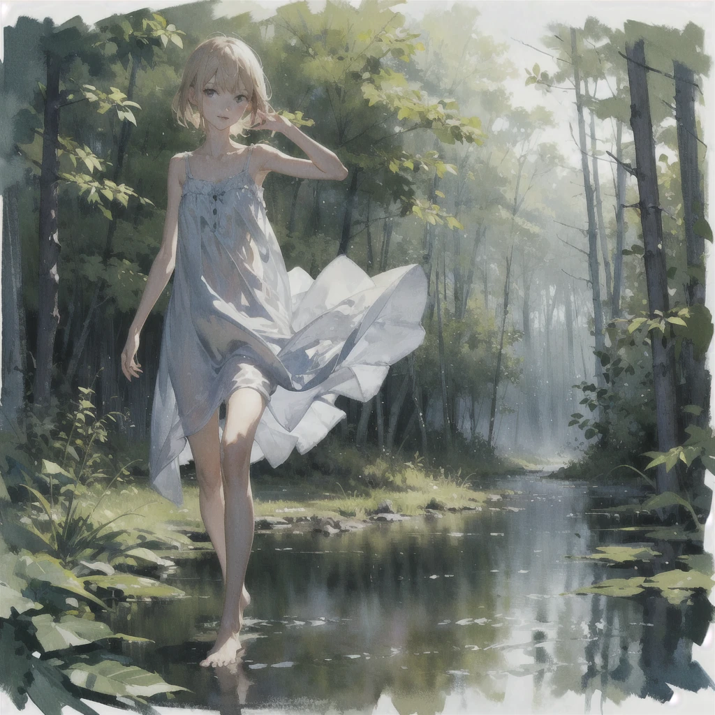 a slender girl with a very beautiful exquisite face barefoot in a short light summer beige sundress in the rain in the summer forest, purple thunderstorm, in watercolor style