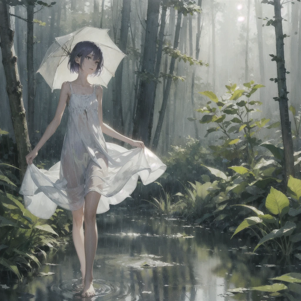 a slender girl with a very beautiful exquisite face barefoot in a short light summer beige sundress in the rain in the summer forest, purple thunderstorm, in watercolor style