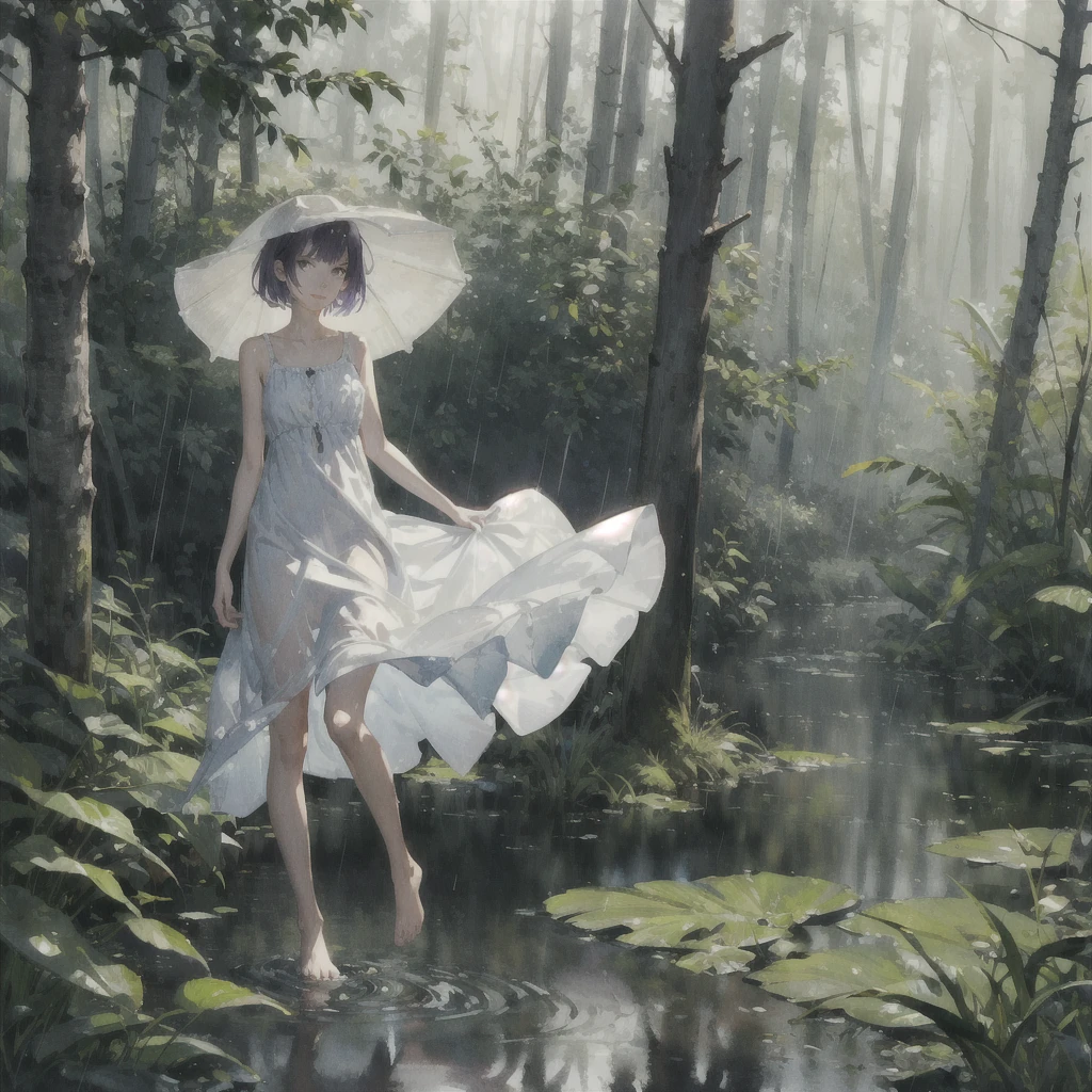 a slender girl with a very beautiful exquisite face barefoot in a short light summer beige sundress in the rain in the summer forest, purple thunderstorm, in watercolor style