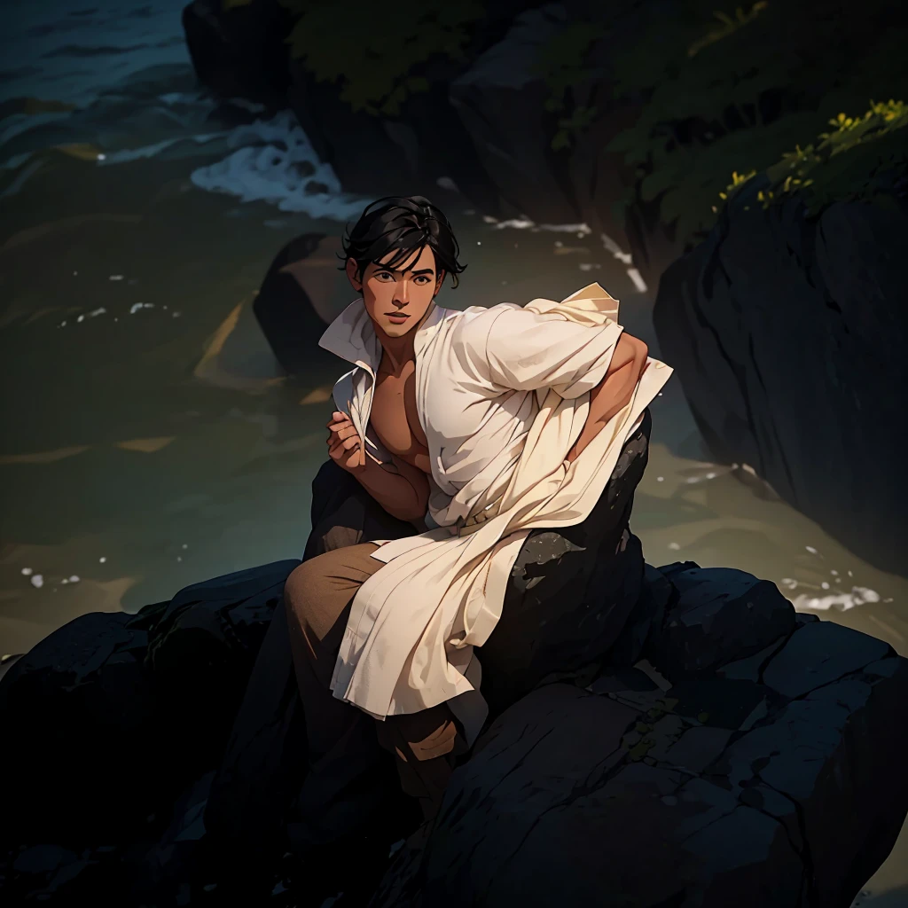 Create a high-quality anime-style image featuring a man standing on a rocky cliff by the sea. The man has black hair, He is dressed in a white shirt, beige pants rolled up at the ankles, and white sneakers