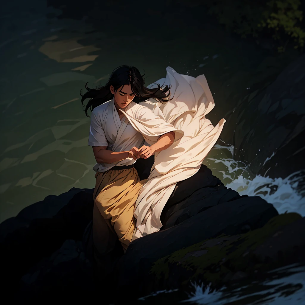 Create a high-quality anime-style image featuring a man standing on a rocky cliff by the sea. The man has black hair, He is dressed in a white shirt, beige pants rolled up at the ankles, and white sneakers