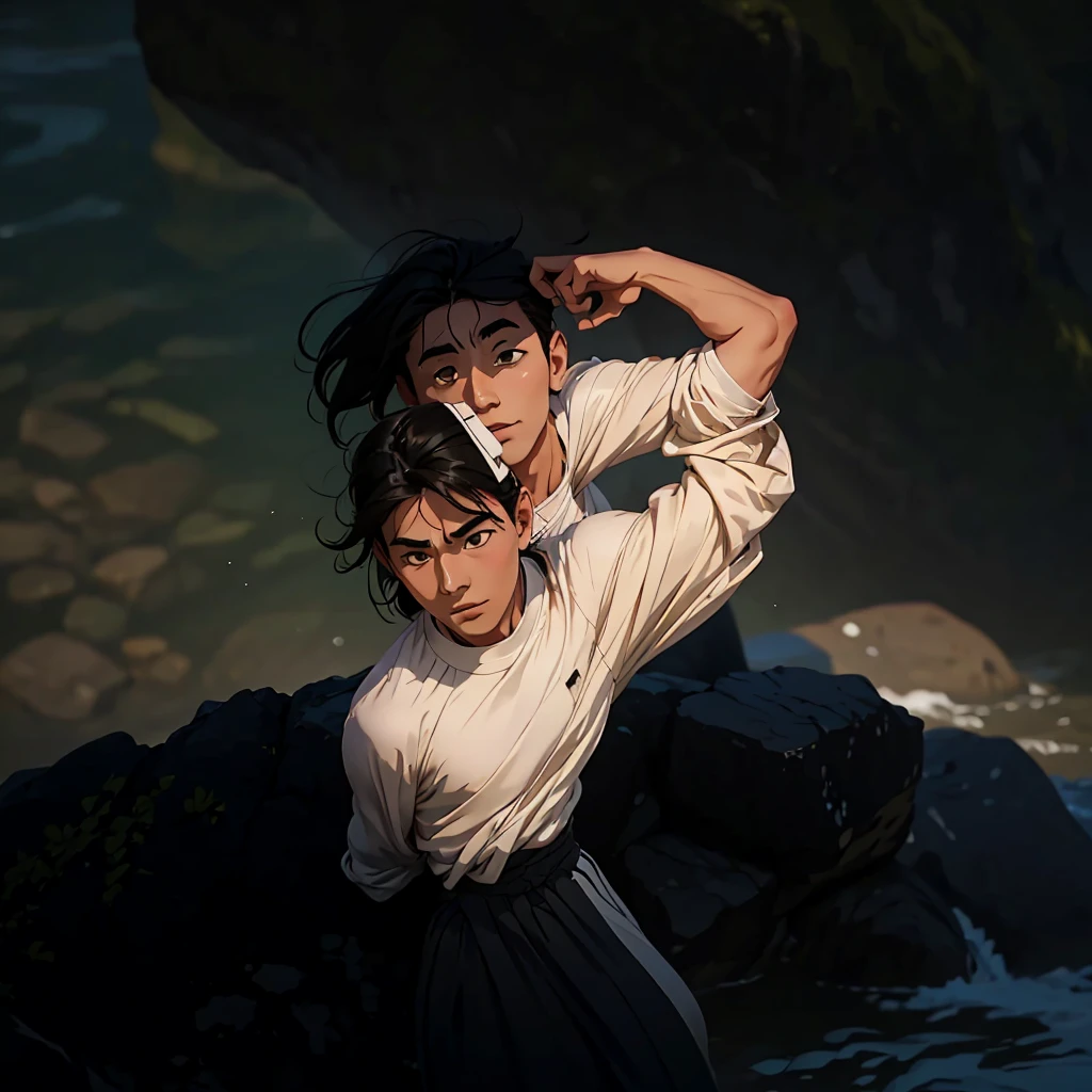 Create a high-quality anime-style image featuring a man standing on a rocky cliff by the sea. The man has black hair, He is dressed in a white shirt, beige pants rolled up at the ankles, and white sneakers

