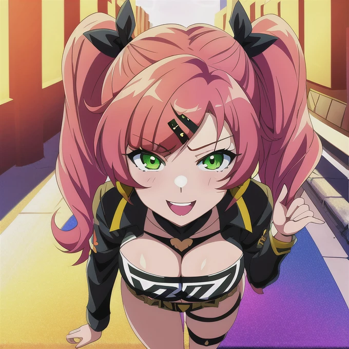 anime drawing of NicoleDemaraZZZ with rose_hair and green_eyes,
High contrast, High saturation, auto,
City,
street,
crowd looking at viewer,
smiling,