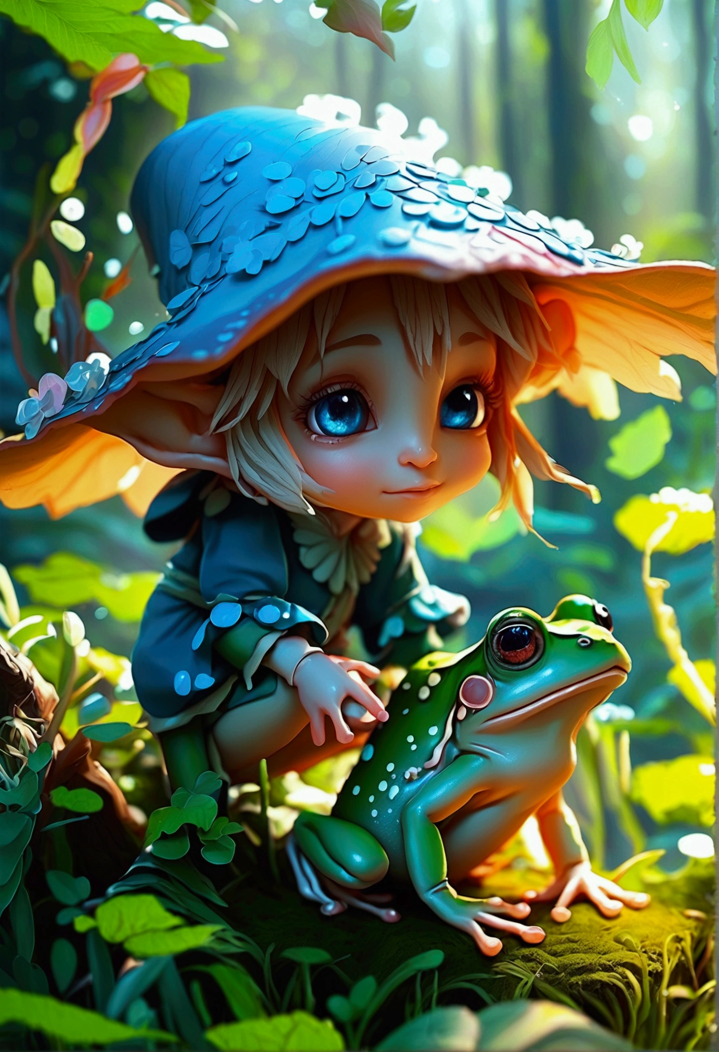 a cute blue kawaii elf playing in the forest with a cute kawaii frog, detailed rendering, high quality, 8k, photorealistic, extremely detailed, glowing skin, beautiful eyes, detailed face, intricate details, natural lighting, vibrant colors, lush greenery, magical atmosphere, fantasy art