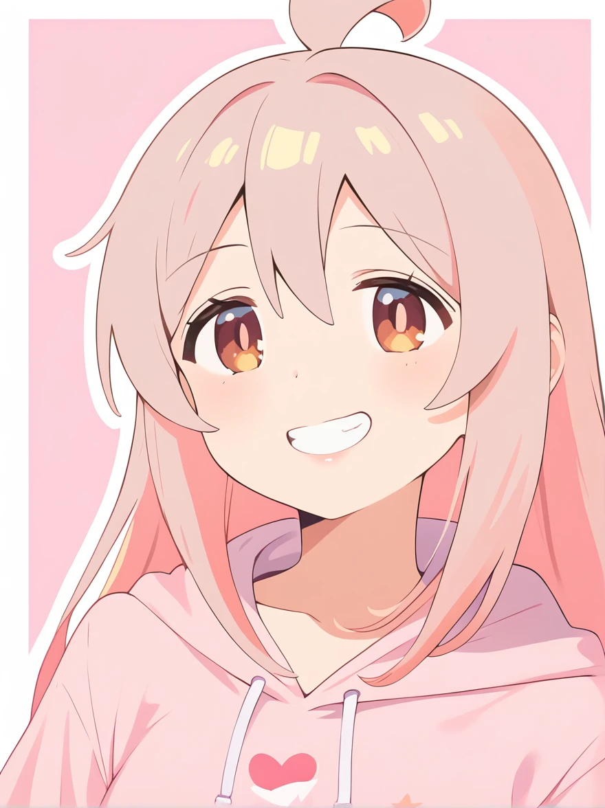 1girl, extremely detailed, highly detailed, (best quality,4k,8k,highres,masterpiece:1.2),ultra-detailed,(realistic,photorealistic,photo-realistic:1.37), anime, oyama mahiro, pink hoodie, oversized hoodie, smirk, grin, double heart, simple background, white outline, heart with fingers, score_9, score_8_up, score_7_up, source_anime