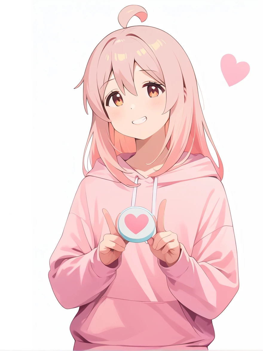 1girl, extremely detailed, highly detailed, (best quality,4k,8k,highres,masterpiece:1.2),ultra-detailed,(realistic,photorealistic,photo-realistic:1.37), anime, oyama mahiro, pink hoodie, oversized hoodie, smirk, grin, double heart, simple background, white outline, heart with fingers, score_9, score_8_up, score_7_up, source_anime