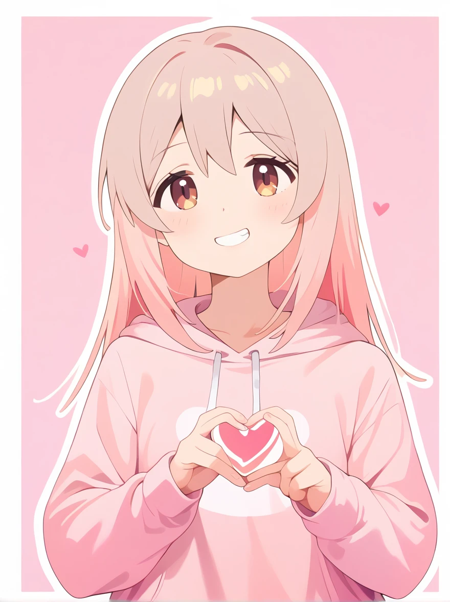 1girl, extremely detailed, highly detailed, (best quality,4k,8k,highres,masterpiece:1.2),ultra-detailed,(realistic,photorealistic,photo-realistic:1.37), anime, oyama mahiro, pink hoodie, oversized hoodie, smirk, grin, double heart, simple background, white outline, heart with fingers, score_9, score_8_up, score_7_up, source_anime