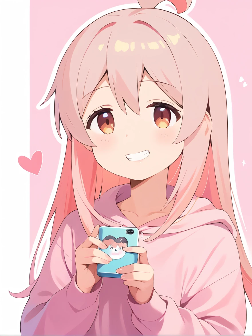 1girl, extremely detailed, highly detailed, (best quality,4k,8k,highres,masterpiece:1.2),ultra-detailed,(realistic,photorealistic,photo-realistic:1.37), anime, oyama mahiro, pink hoodie, oversized hoodie, smirk, grin, double heart, simple background, white outline, heart with fingers, score_9, score_8_up, score_7_up, source_anime