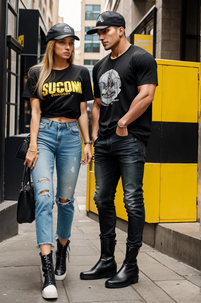 Create a muscular goon put on stripped yellow and black  t shirt,with jeanse and long boot,and  newsboy cap