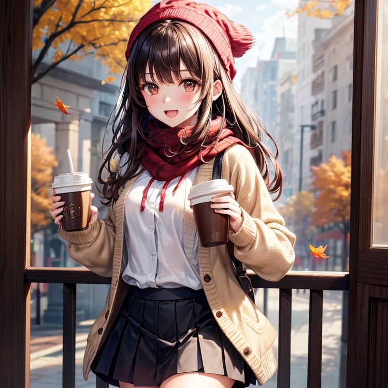 1 Girl, 秋天的Fallen Leaves, Bangs, Black headdress, Blurred background, blush, Brown eyes, Brown hair, brown scarf, brown skirt, Cardigan, coffee, Cowboy shooting, cup, disposable cup, drink, Fallen Leaves, Beanie, Keep, Keep drink, leaf, Long hair, Long sleeve, Looking at the audience, open Cardigan, open mouth, lattice, lattice skirt, puffy Long sleeve, red sweater, scarf, shirt, shirt tucked in, Side lock, skirt, Smile, Solitary, sweater, white shirt, Extremely detailed, complex, masterpiece, absurd