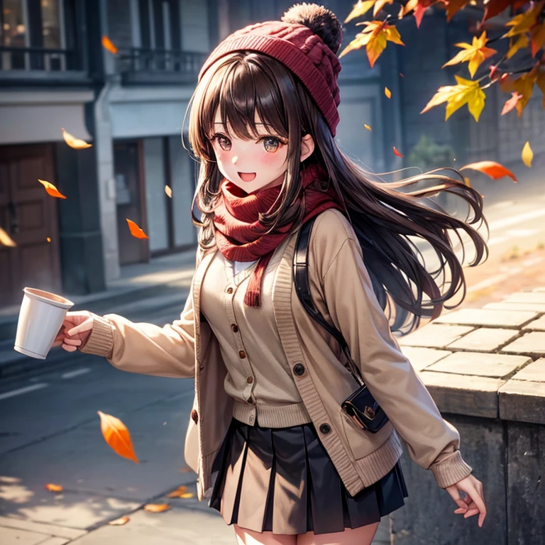 1 Girl, 秋天的Fallen Leaves, Bangs, Black headdress, Blurred background, blush, Brown eyes, Brown hair, brown scarf, brown skirt, Cardigan, coffee, Cowboy shooting, cup, disposable cup, drink, Fallen Leaves, Beanie, Keep, Keep drink, leaf, Long hair, Long sleeve, Looking at the audience, open Cardigan, open mouth, lattice, lattice skirt, puffy Long sleeve, red sweater, scarf, shirt, shirt tucked in, Side lock, skirt, Smile, Solitary, sweater, white shirt, Extremely detailed, complex, masterpiece, absurd