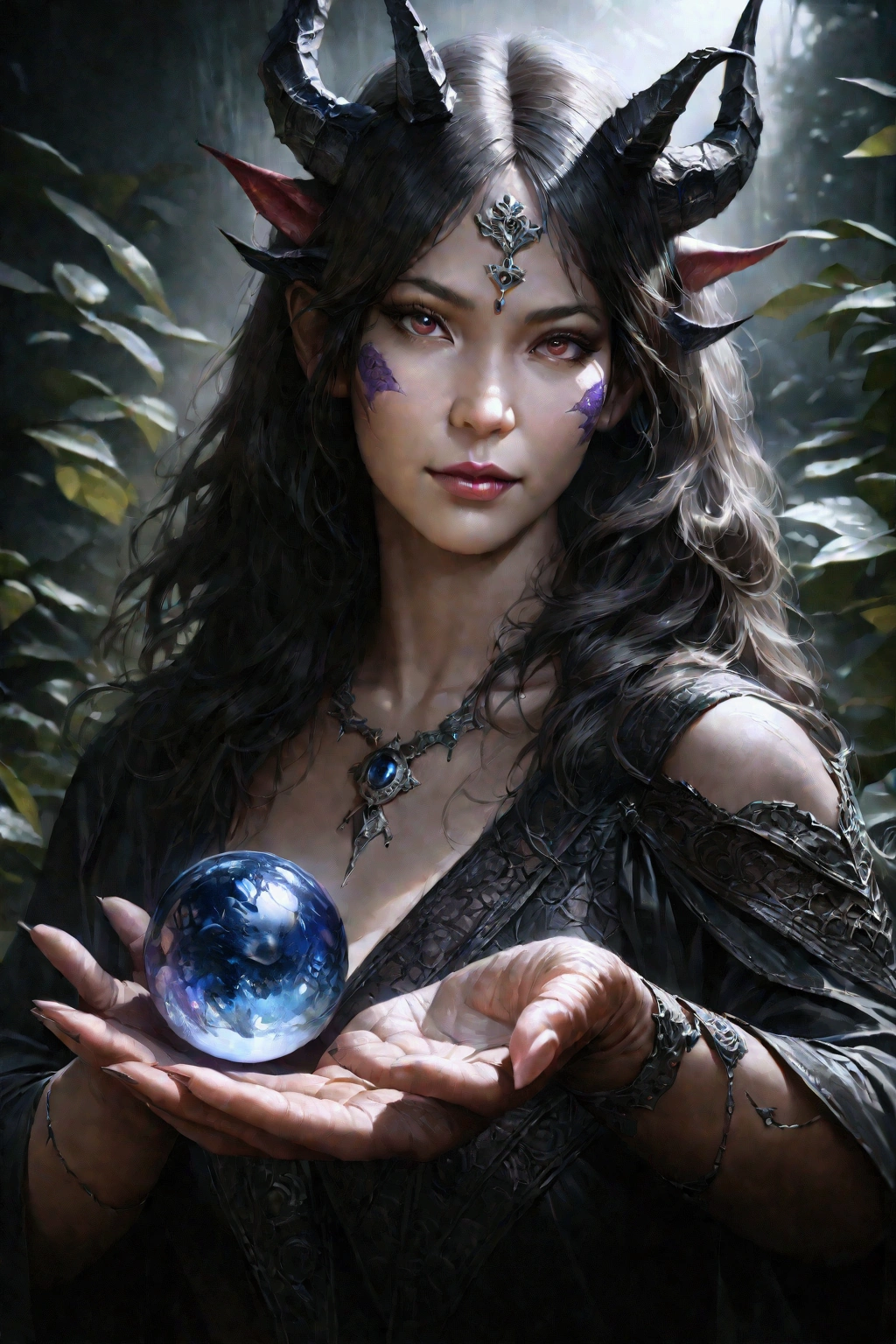 a female magical demon hybrid,full body shot,holding a magic crystal ball in one hand,the other hand reaching out towards the camera,detailed face and features,beautiful eyes,long eyelashes,sharp detailed horns,detailed scales and markings on skin,(best quality,4k,8k,highres,masterpiece:1.2),ultra-detailed,(realistic,photorealistic,photo-realistic:1.37),fantasy,dark fantasy,occult,mystical,glowing crystal ball,dramatic lighting,moody atmosphere,deep rich colors