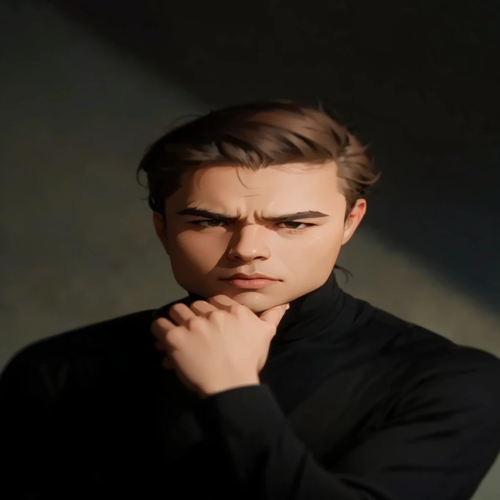 Create a high-quality anime-style image featuring a man standing on a rocky cliff by the sea. The man has black hair, He is dressed in a white shirt, beige pants rolled up at the ankles, and white sneakers