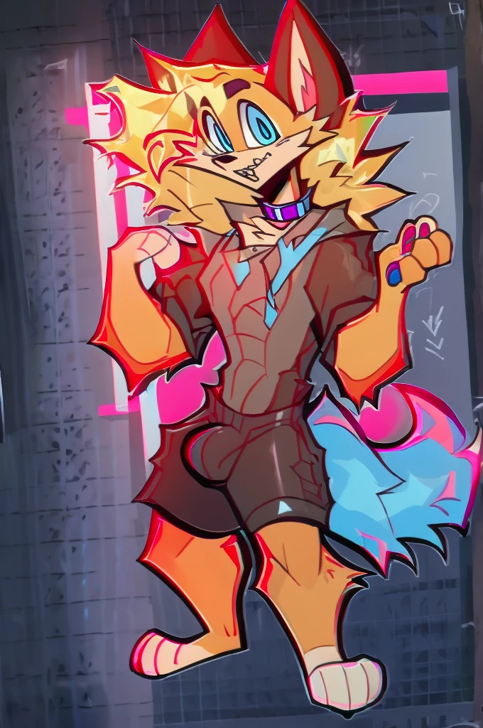 furry, anthro, labrador retriever, fluffy pointed ears, fluffy tail, blonde and white fur, messy fur, neck floof, fluffy mohawk, light blue eyes, razor sharp teeth, slim body, handsome, sexy, slender, tall, wearing a light blue dog collar and light blue and white boxer briefs with a giant bulge, apposable thumbs, pawpads, pink pawpads, ((best quality, 4K, UHD, masterpiece)),
