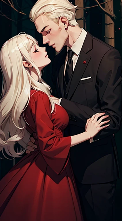 A dark forest background.

A girl With hair as white as paper blonde hair in a red dress. Being kissed by a man with black hair wearing a suit