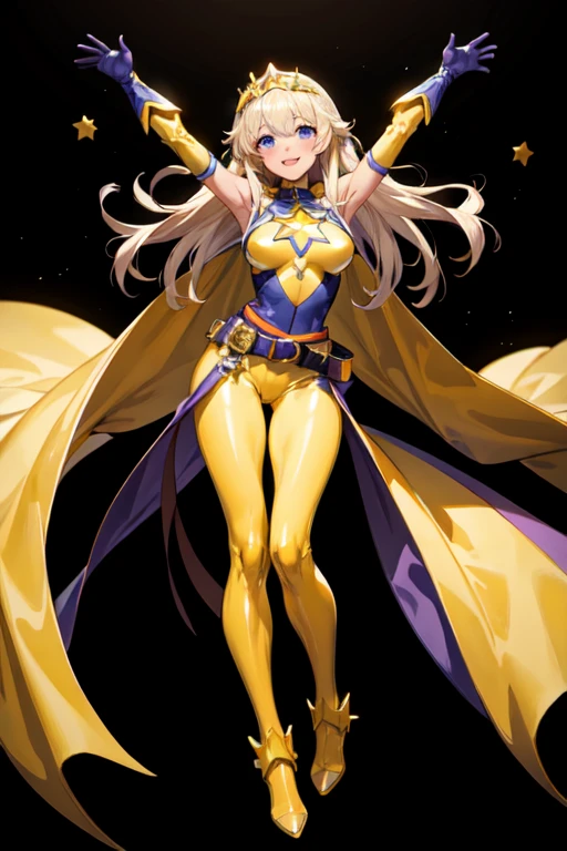 ((best quality)), ((masterpiece)), (detailed), 1 girl, Full body, 19 years old, White skin, Smiling face, Blue eyes, Star shaped tiara, Arms outstretched, Arms behind waist, Masked face, Eye mask, Superhero mask, blue mask, Blushing, Blonde hair, Straight hair, Long hair, Bangs, 2 star clips on the sides of hair, Full body, Medium breasts, Slim body, Hands with yellow stars on them, Wrist bands, Long yellow gloves, Purple gloves, Superhero costume, Superheroes, Full body entirely yellow suit, With a big yellow star in the center, Star emblem, Somewhat tight, Long yellow cape on waist, Red belt, Thighs with tights purple, purple boots, flying, city background, anime