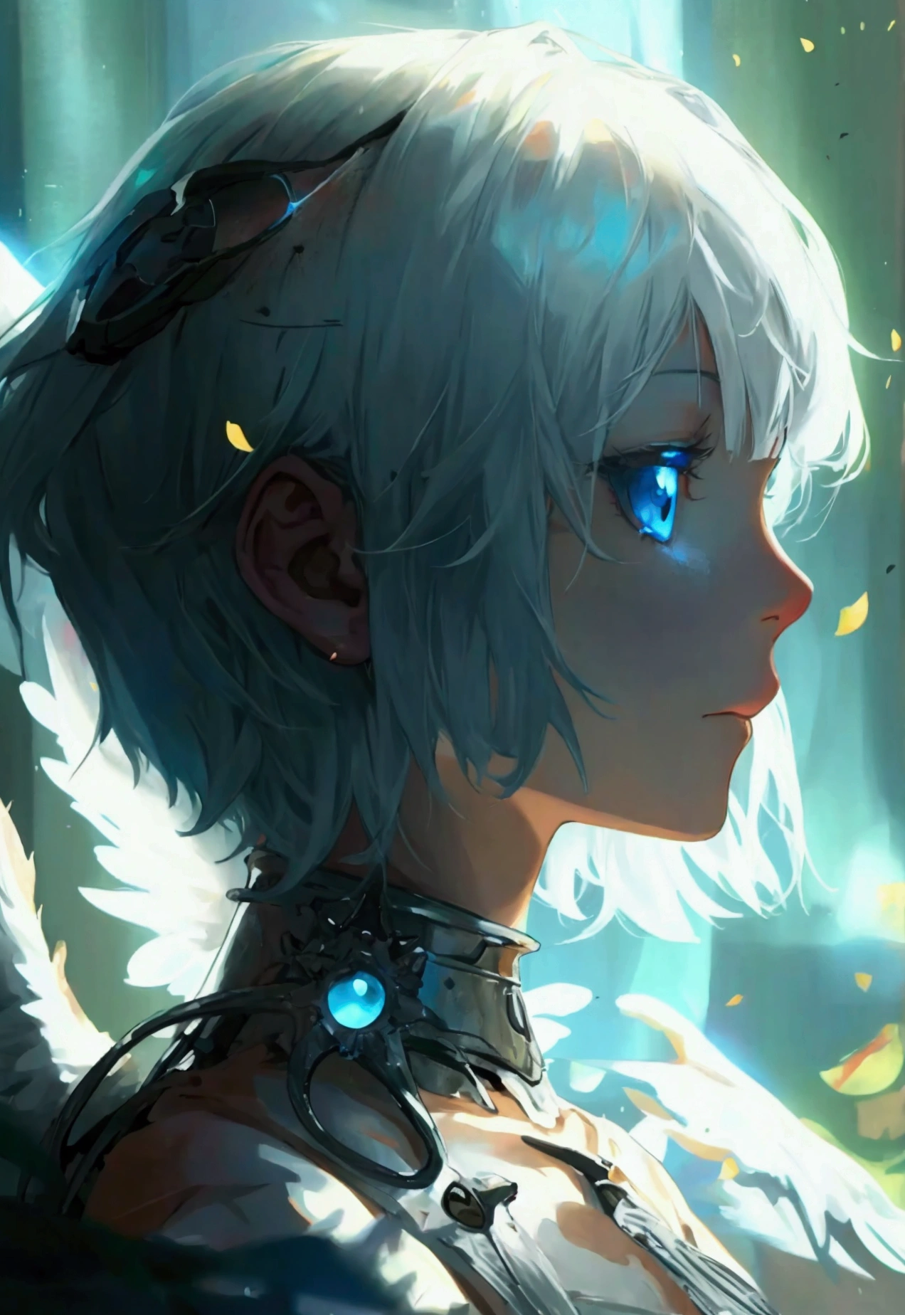 albino girl, anime, short hair, white blue eyes, with a metal heart in her hands, front view, 3/4, beutiful, aurora, bella, beautiful, angel,