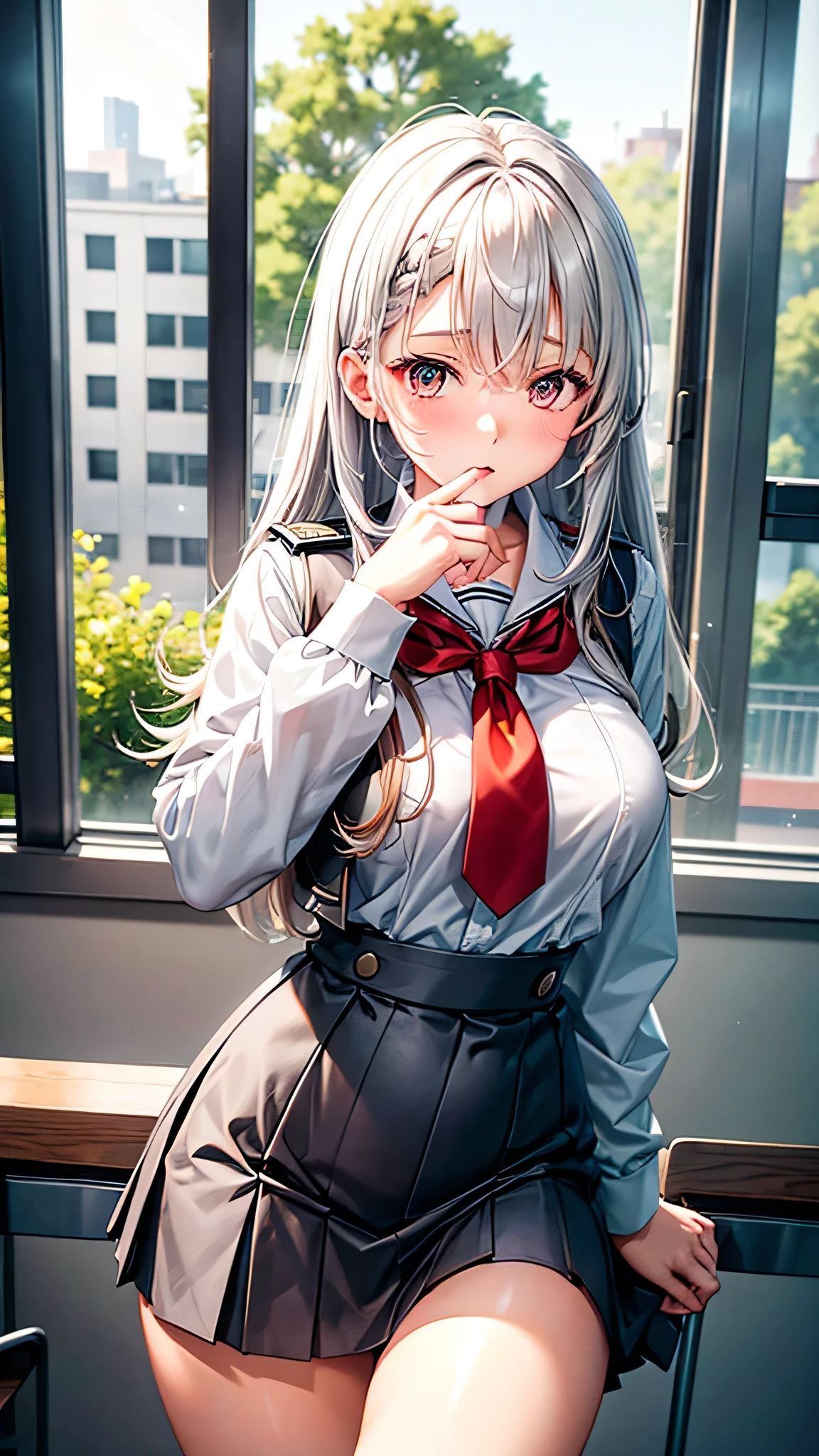 Female height: 175cm,weight: 46kg,hip circumference: cm,waist circumference: 61cm,bust: 91cm,face hair color: gray,eyes color: fiery red,Clothing: white JK short skirt uniform, scene: classroom.Hair color: grayish white.