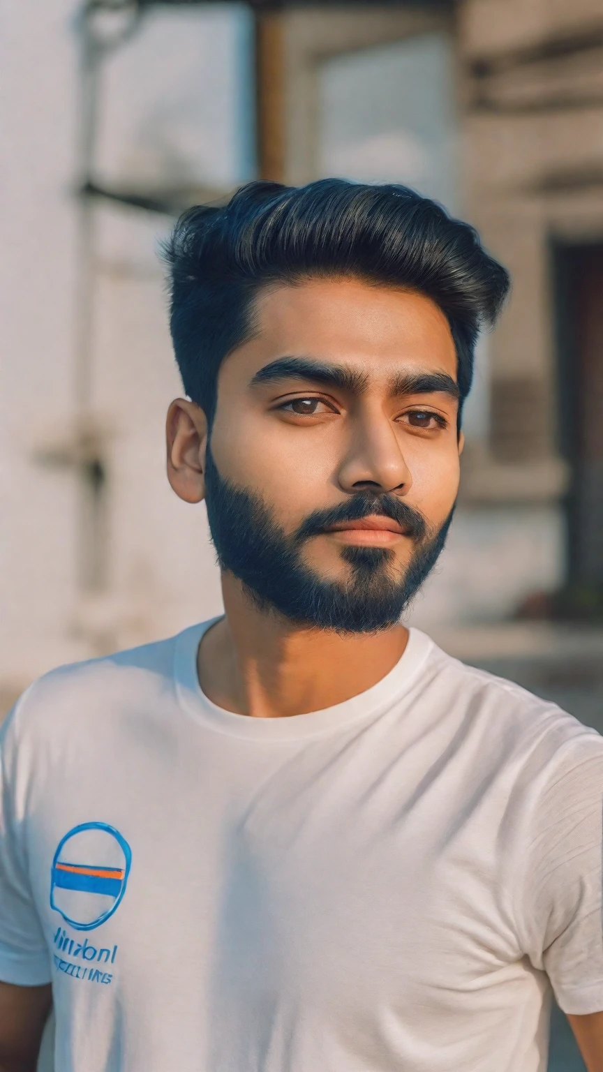 there is a man with a white shirt and a blue and orange shirt, with accurate face, without beard, around 1 9 , face picture, with kind face, shot on nikon z9, front profile!!!!, without helmet, good looking face, very very low quality picture, ayan nag, portait photo profile picture,  profile picture