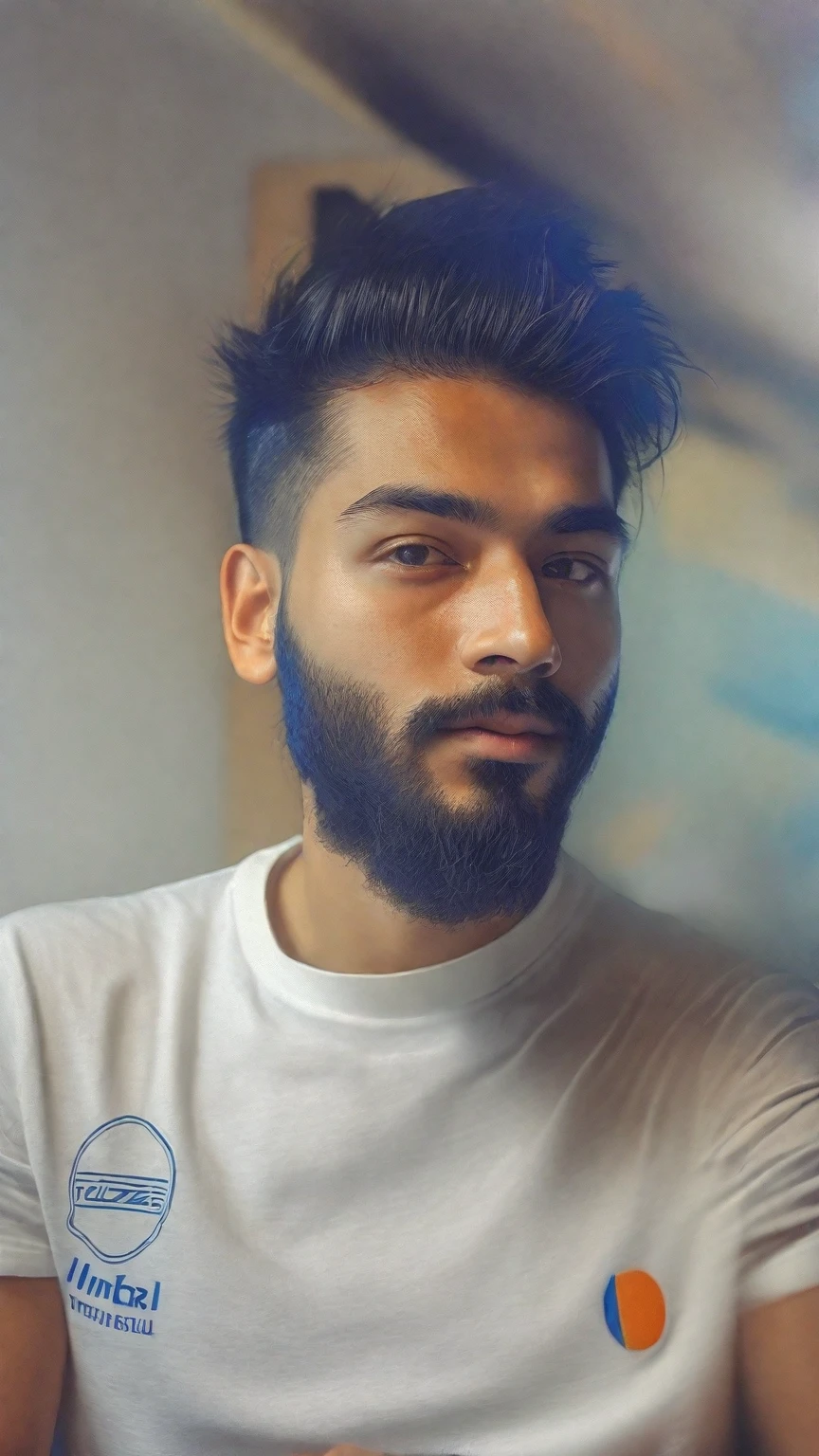 there is a man with a white shirt and a blue and orange shirt, with accurate face, without beard, around 1 9 years old, face picture, with kind face, shot on nikon z9, front profile!!!!, without helmet, good looking face, very very low quality picture, ayan nag, portait photo profile picture, profile picture