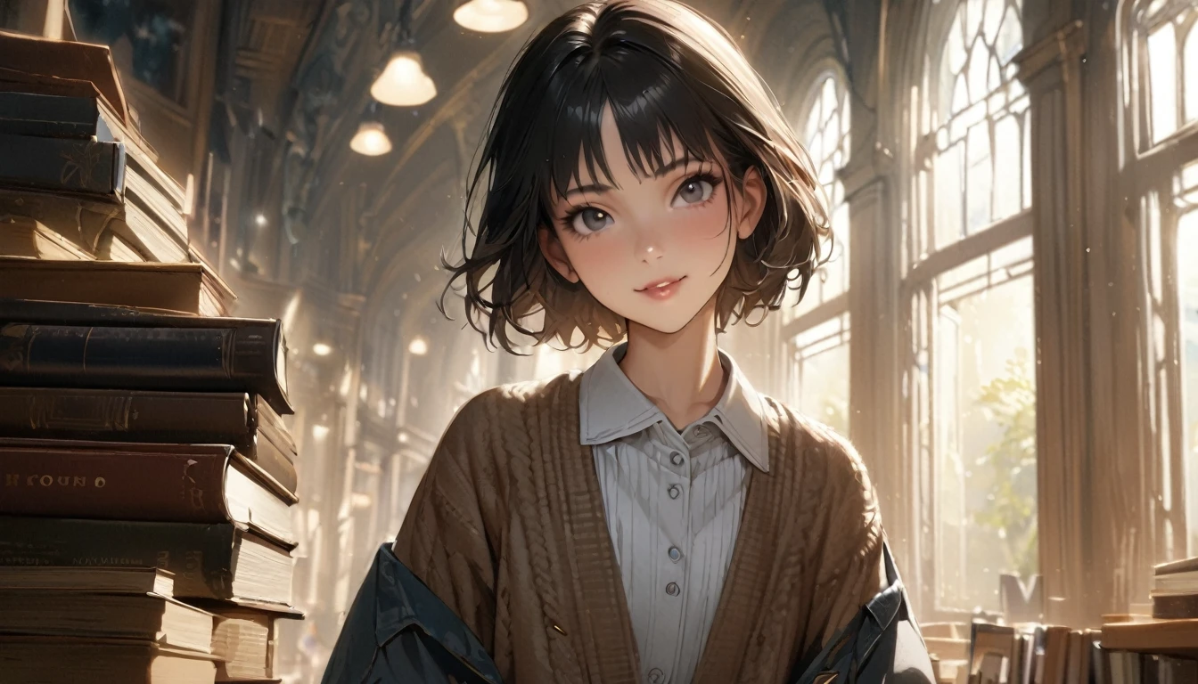 1girl, solo, gentle smile on her face flat chest, short hair, black hair, upper body, ((masterpiece, illustration, best quality)) ((best quality)), ((masterpiece)), (detailed), perfect face, A young woman wearing vintage clothes in the year 1980, and is in a library, (masterpiece, best quality, highres, high resolution:1.2), extremely detailed, realistic, intricate details, Jamie, 21 year old woman, pretty face, in library, holding stack of books, slacks, sweater,